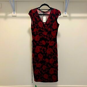 Le Chateau, capped sleeved dress black with red roses, tie at the back